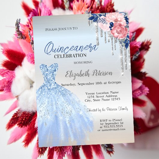 Invitation Parties scintillant Argent, Robe Bleue Roses Quinc