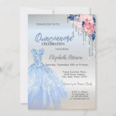 Invitation Parties scintillant Argent, Robe Bleue Roses Quinc (Devant)
