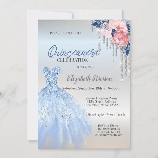 Invitation Parties scintillant Argent, Robe Bleue Roses Quinc (Devant)