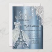 Invitation Parties scintillant Argent, Robe Bleue Tour Eiffel (Devant)