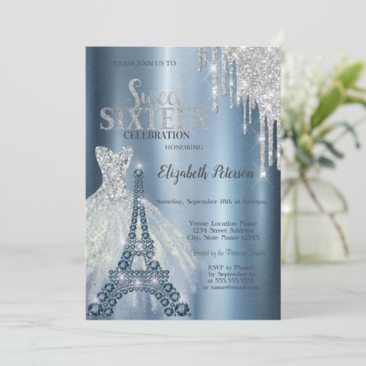 Invitation Parties scintillant Argent, Robe Bleue Tour Eiffel (Debout devant)