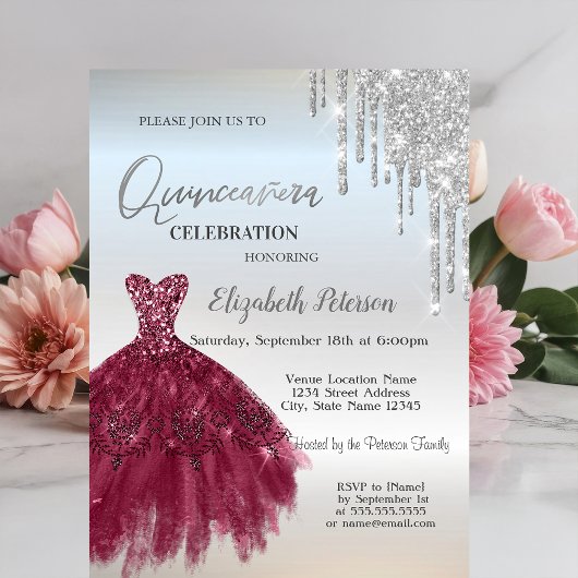 Invitation Parties scintillant Argent, Robe Bourgogne Quincea