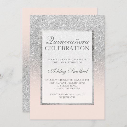 Invitation Parties scintillant argent rose élégant chic Quinc (Devant / Derrière)