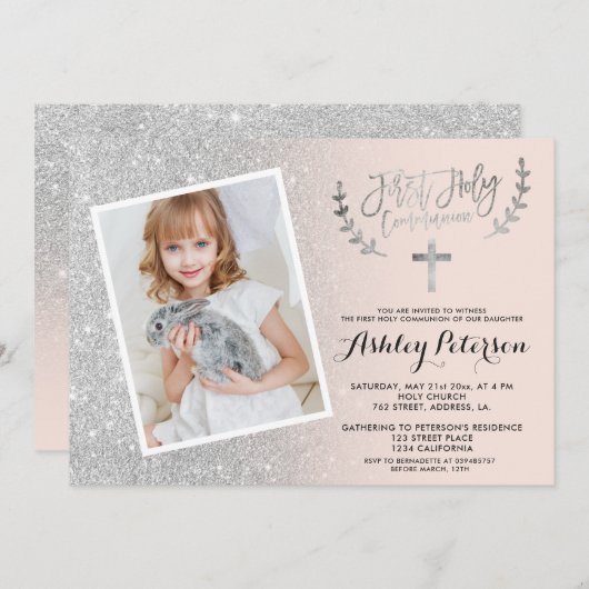 Invitation Parties scintillant argent rose ombre première com (Devant / Derrière)