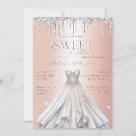 Invitation Parties scintillant Argent Rose Or Sweet 16 (Devant)