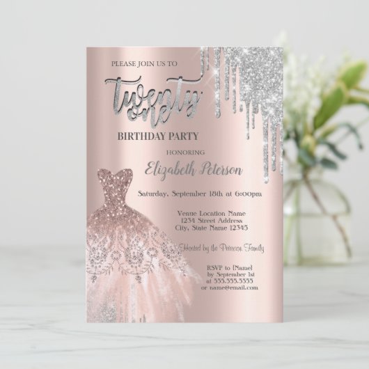 Invitation Parties scintillant Argent, Rose Robe Or 21e Anniv (Debout devant)
