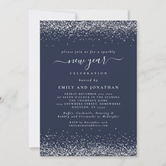 Invitation Parties scintillant Argent Script Bleu Nouvel An S (Devant)