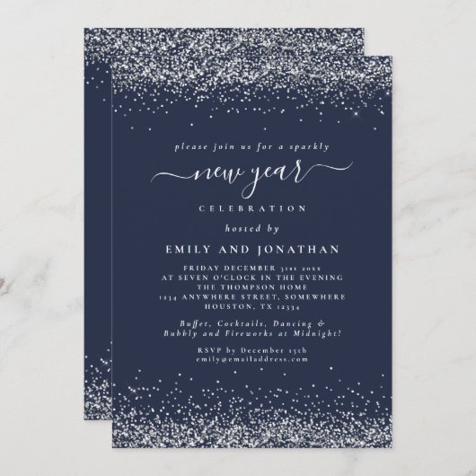 Invitation Parties scintillant Argent Script Bleu Nouvel An S (Devant / Derrière)