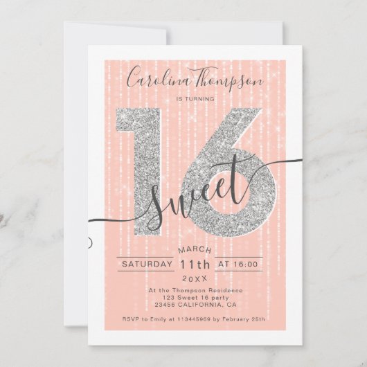 Invitation Parties scintillant argent script pêche Sweet 16 p (Devant)