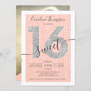 Invitation Parties scintillant argent script pêche Sweet 16 p
