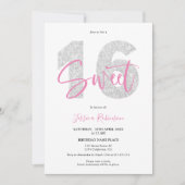 Invitation Parties scintillant argent Sweet 16 script photo a (Devant)