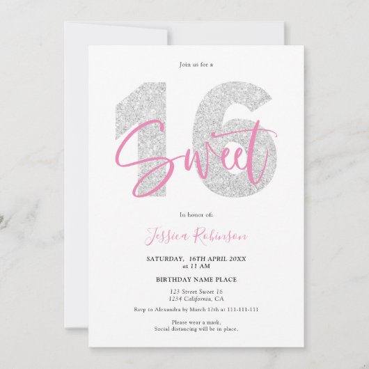 Invitation Parties scintillant argent Sweet 16 script photo a (Devant)