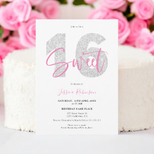 Invitation Parties scintillant argent Sweet 16 script photo a
