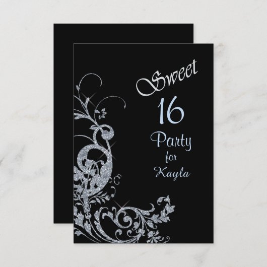 Invitation Parties scintillant Argent Swirl Sweet 16 Party (Devant / Derrière)