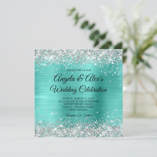 Invitation Parties scintillant Argent Turquoise Foil Mariage  (Debout devant)