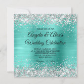 Invitation Parties scintillant Argent Turquoise Foil Mariage  (Devant)