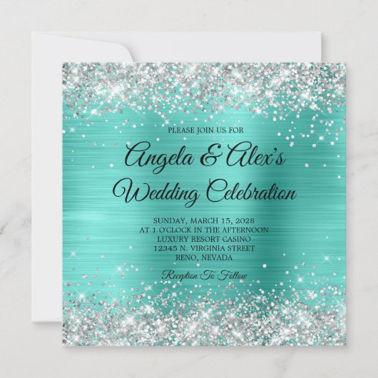 Invitation Parties scintillant Argent Turquoise Foil Mariage (Devant)
