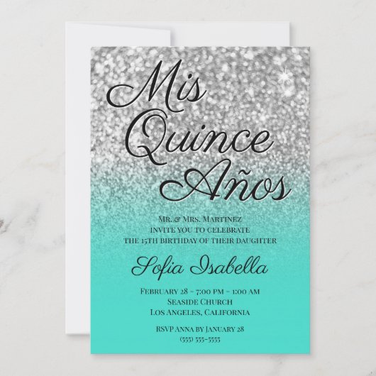 Invitation Parties scintillant Argent Turquoise Ombre Mis Qui (Devant)