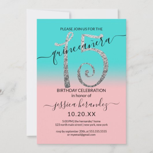 Invitation Parties scintillant argent Turquoise rose Fille Om (Devant)