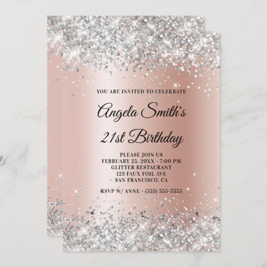 Invitation Parties scintillant argentée brillante Rose or Shi (Devant / Derrière)