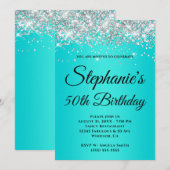 Invitation Parties scintillant argentée brillante turquoise b (Devant / Derrière)
