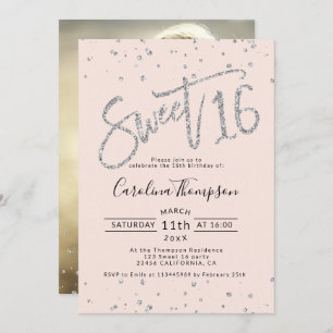 Invitation parties scintillant argentée confetti bleu Sweet 1