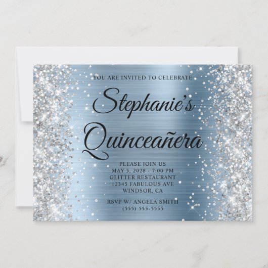 Invitation Parties scintillant argentée Monogramme bleu clair (Devant)