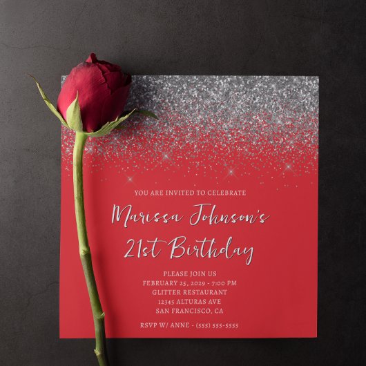 Invitation Parties scintillant argentée rouge 21e anniversair