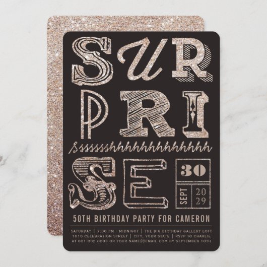 Invitation Parties scintillant Art déco Surprise Fête Anniver (Devant / Derrière)