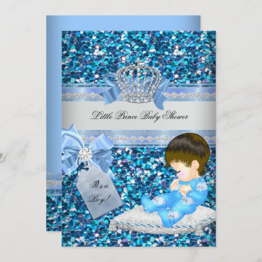 Invitation Parties scintillant Baby shower Garçon Bleu Petit  (Devant / Derrière)
