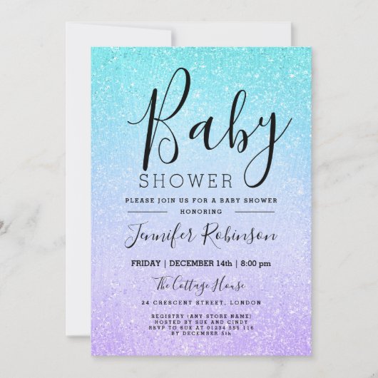 Invitation Parties scintillant Baby shower violet et turquois (Devant)