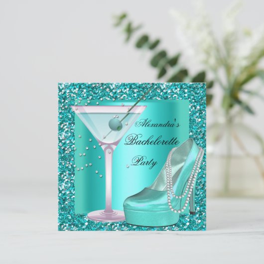 Invitation Parties scintillant Bachelorette Party Aqua Bleu T (Debout devant)