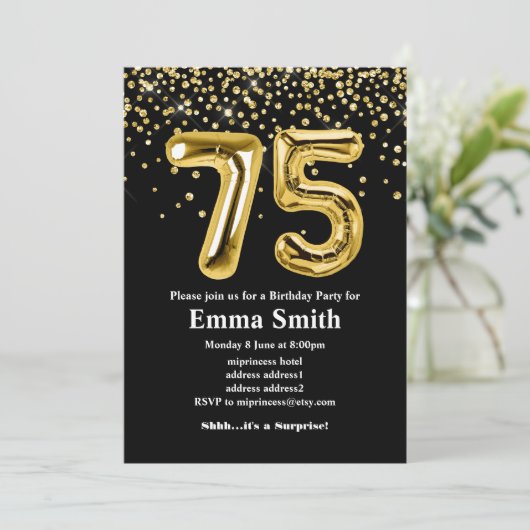 Invitation parties scintillant ballon en or pour 75e annivers (Debout devant)