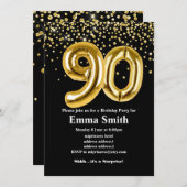 Invitation parties scintillant ballon en or pour 90e annivers (Devant / Derrière)