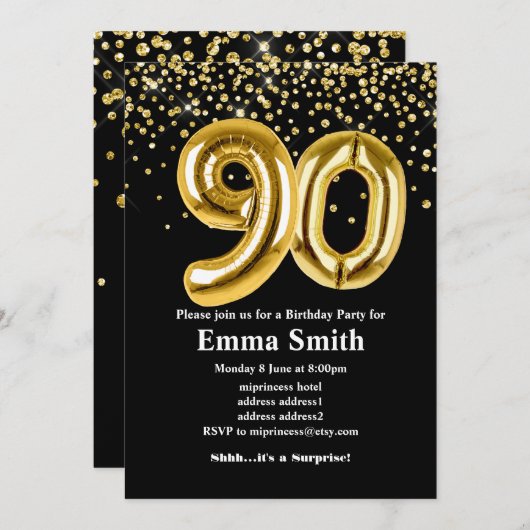 Invitation parties scintillant ballon en or pour 90e annivers (Devant / Derrière)