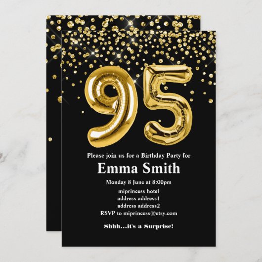 Invitation parties scintillant ballon en or pour 95ème annive (Devant / Derrière)