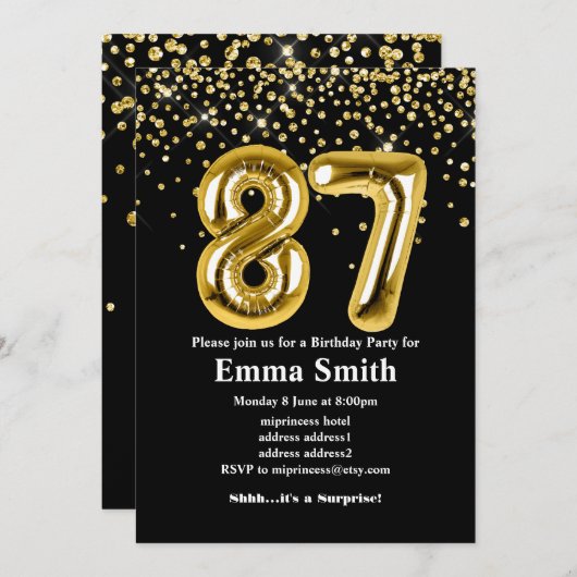 Invitation parties scintillant ballon en or pour la fête de 8 (Devant / Derrière)