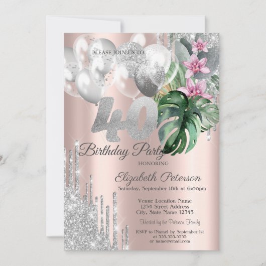 Invitation Parties scintillant Ballons Fleurs tropicales 40e (Devant)