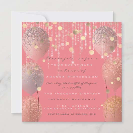 Invitation Parties scintillant Ballons Rose Bridal Sweet 16e (Devant)