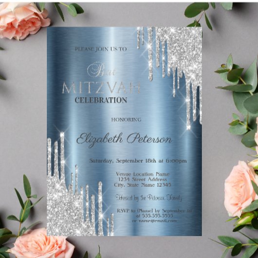 Invitation Parties scintillant  Bat mitzvah métallique bleu