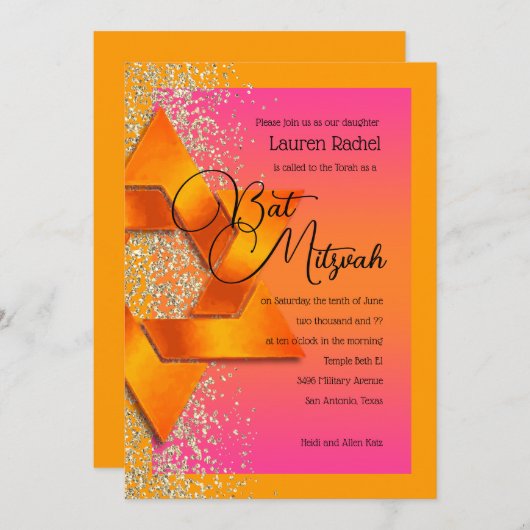 Invitation Parties scintillant bat mitzvah Orange Rose Ombre (Devant / Derrière)