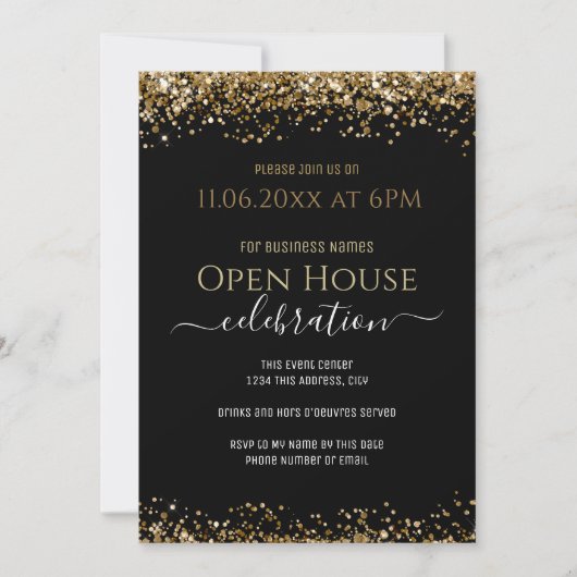 Invitation Parties scintillant Black and Gold Open House Busi (Devant)