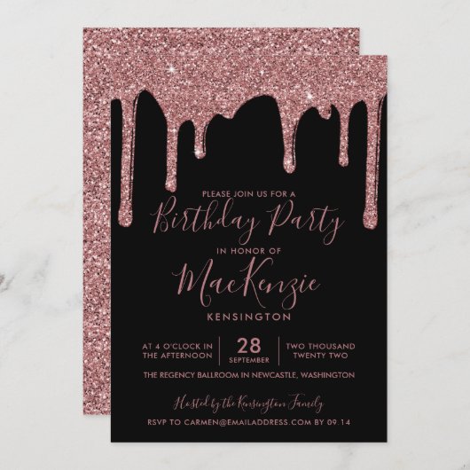 Invitation Parties scintillant Black et Rose Gold Sparkle Dri (Devant / Derrière)