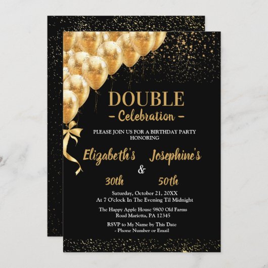 Invitation Parties scintillant Black Gold Balloons Double Ann (Devant / Derrière)
