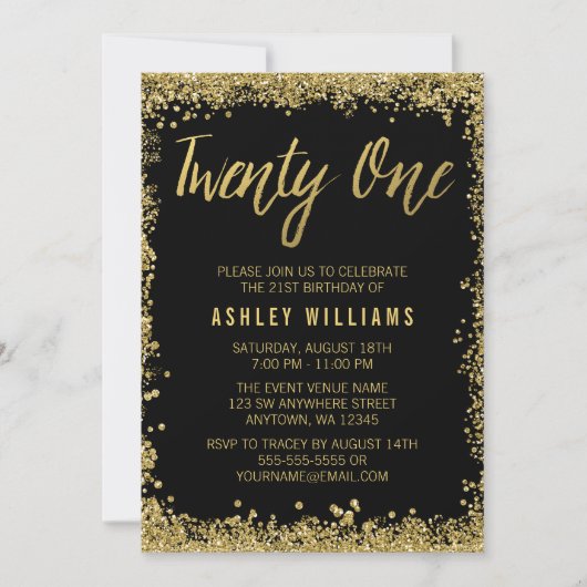Invitation Parties scintillant Black Gold Faux 21e anniversai (Devant)