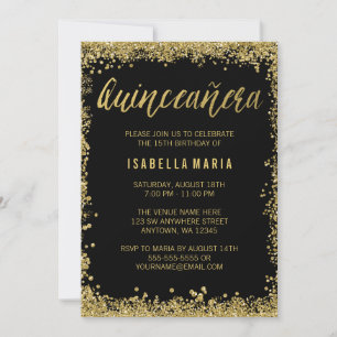 Invitation Parties scintillant Black Gold Faux Quinceanera 15