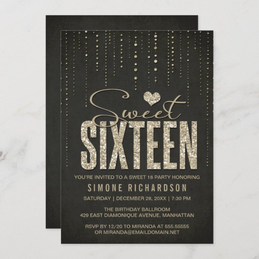 Invitation Parties scintillant Black & Gold Look Sweet 16 (Se (Devant / Derrière)