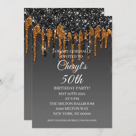 Invitation Parties scintillant Black & Gold personnalisé Joye (Devant / Derrière)