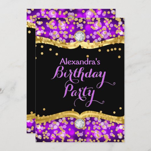 Invitation Parties scintillant Black Gold Purple Confetti fêt (Devant / Derrière)