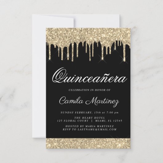 Invitation Parties scintillant Black Gold Sparkle Quinceañera (Devant)